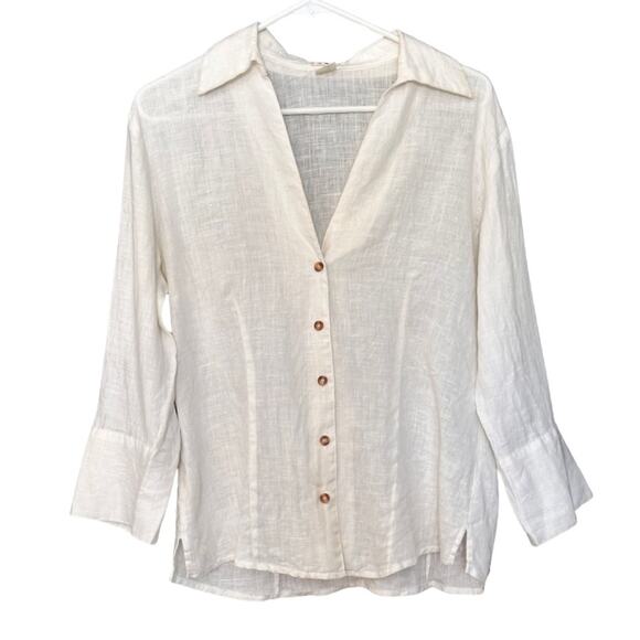 Vintage 5 Diamond Ecru Linen Collared Blouse - Picture 1 of 3